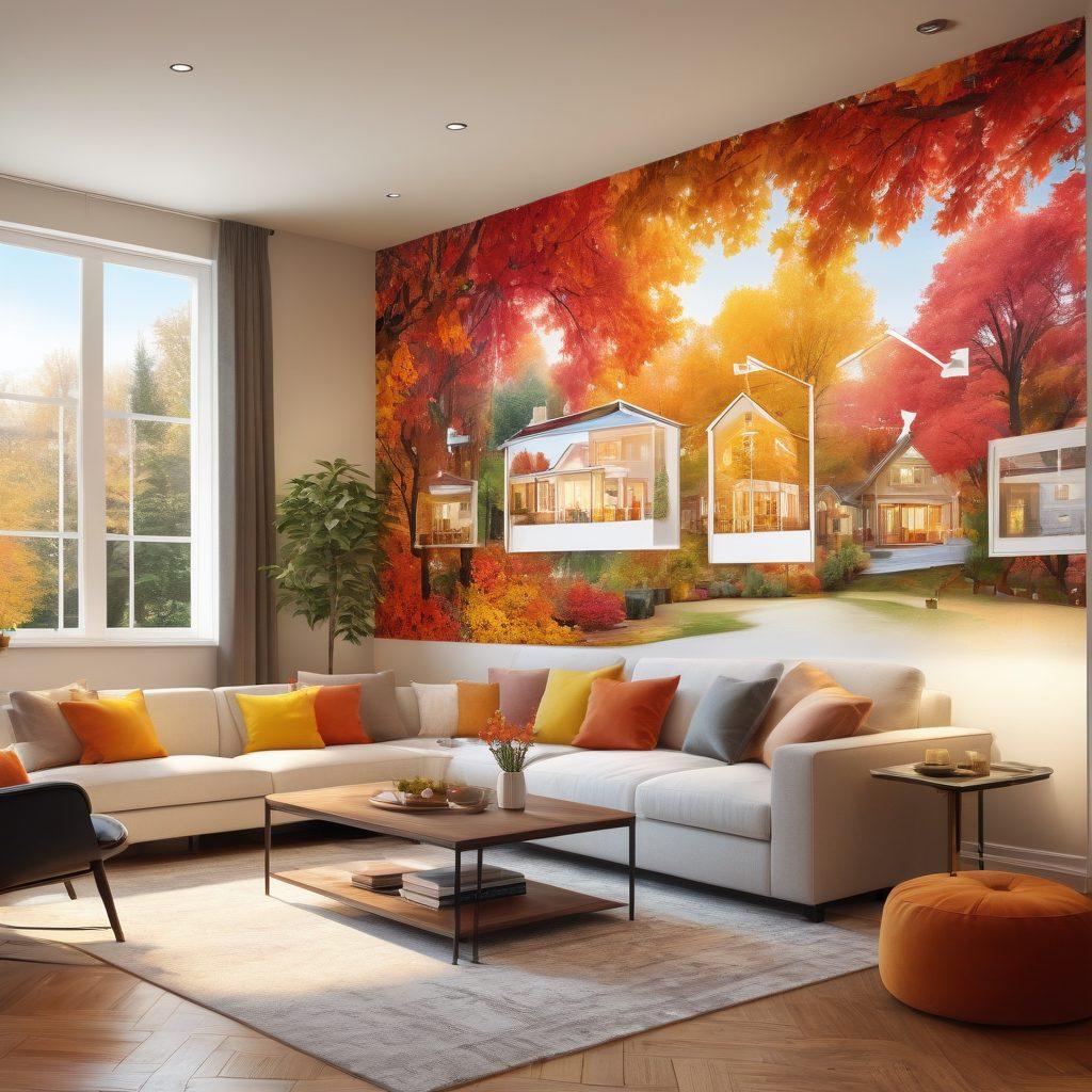 A split scene showcasing a modern home on one side, with a family happily living, and on the other side a bustling real estate office with agents discussing investments. Include autumn leaves outside the home and charts or graphs in the office. The lighting should be warm and inviting for the home, contrasting with a more professional, sleek feel in the office. vibrant colors. super-realistic.