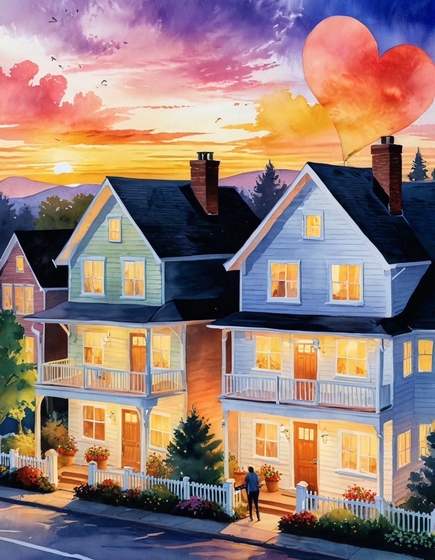 A serene and picturesque cityscape featuring diverse homes, from modern apartments to charming cottages, with glowing 'For Sale' signs and hearts subtly integrated into the scene. Include a couple looking at their dream home, exuding excitement and joy. The sky is bright and inviting, symbolizing hope in real estate. watercolor style. vibrant colors. soft focus.